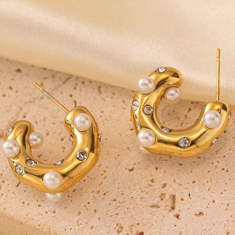 ZAKOL Y2K Trendy U Shape Stainless Steel Round Earrings For Women Girls Gold Color Imitation Pearl Crystal Ears Jewelry Gifts