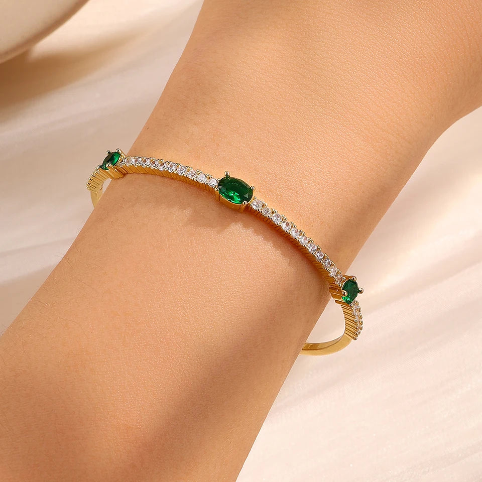 ZAKOL 3 Styles Shiny Green Geometric Zirconia Inlaid Stainless Steel Bracelets for Women Personalized Wedding Party Jewelry
