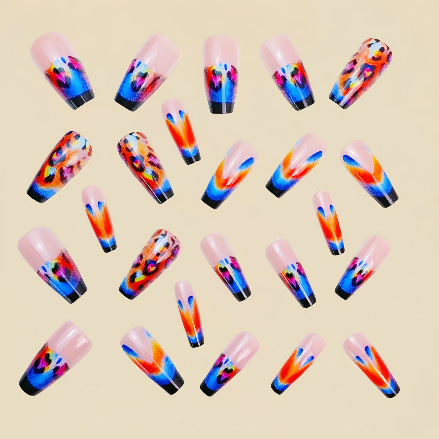 Medium fake nails for women girls gradient rose pink blue leopard print glossy Ballet shape full cover press on false nail art