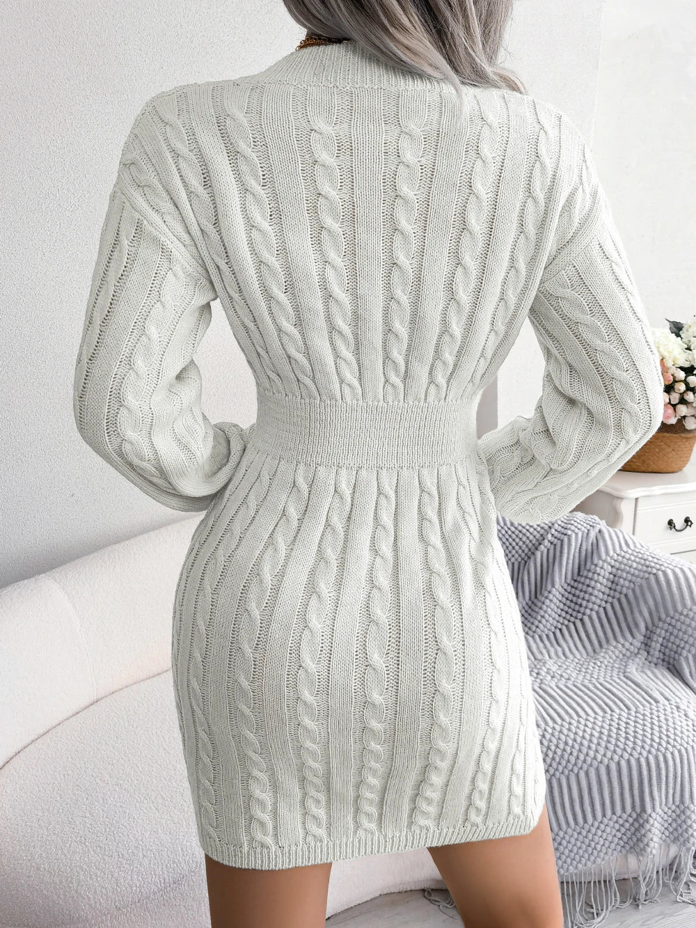 Autumn Winter Casual Knitted Sweater Dress for Women 2026 Elegant V Neck Long Sleeve Slim Waist Mini Dresses White Blue Khaki