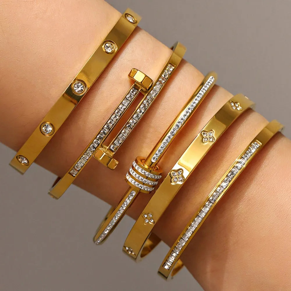 Titanium Steel Stacked Bracelet Couple's Shiny Zircon Inlaid Stainless Steel Bangles Gold Color Female Jewelry Gift