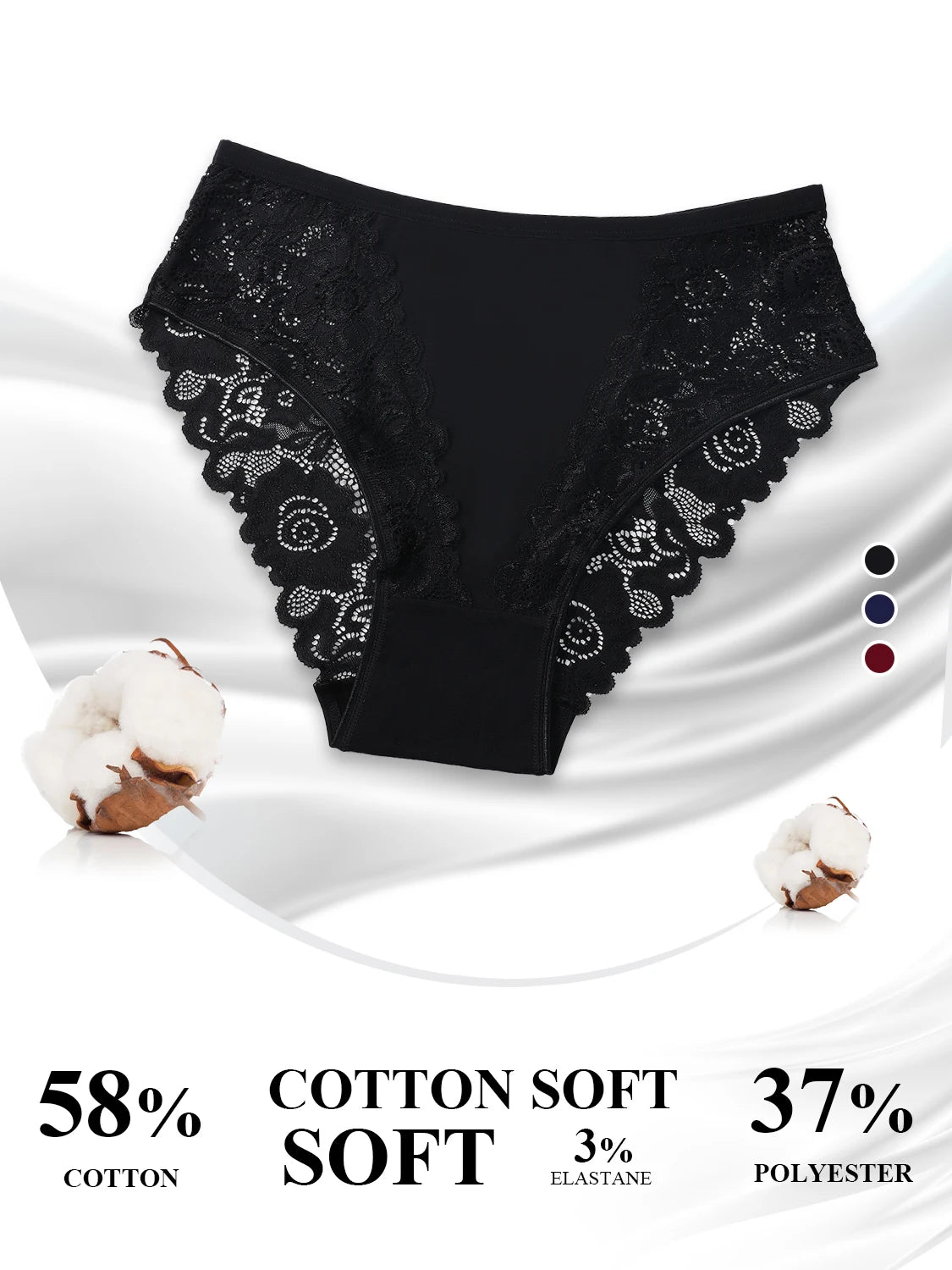 3PCS Elegant Women's Panties Sexy Lace Floral Cotton Patchwork Underwear Comfortable Breathable Solid Color Briefs Lingerie