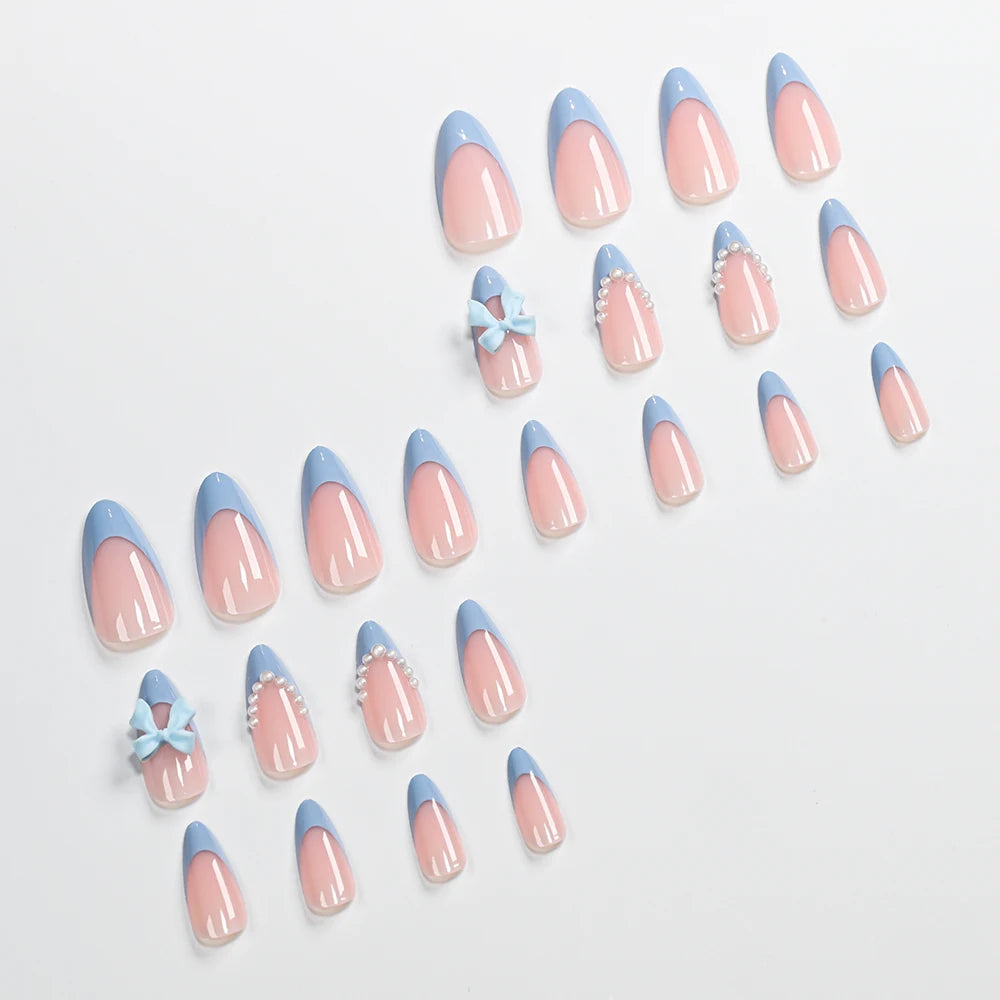 24Pcs Blue Almond Wearable Press on Nails 3D Pearl Bow Full Cover Fake Nails Tips with Bowknot Design French False Nails