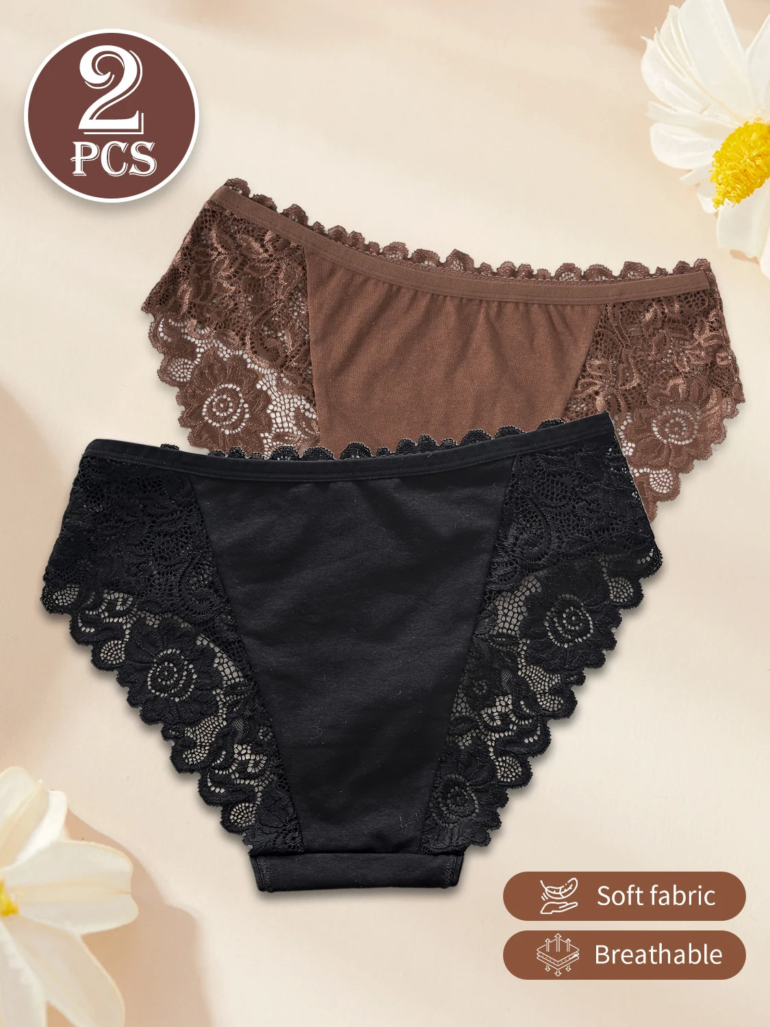 2PCS Hollow Lace Flower Design Sexy Briefs Elegant Women's Underwear Comfortable Breathable Cotton Panties Mid-Rise Lingerie