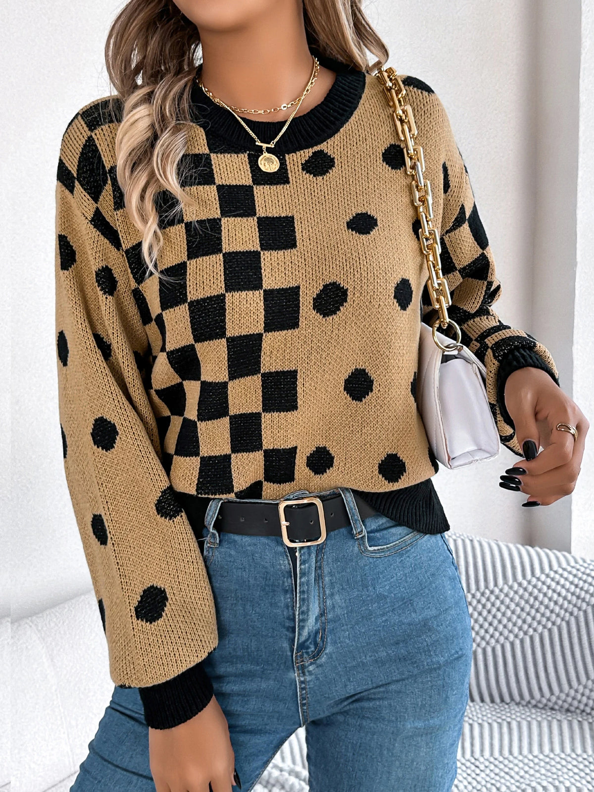  Autumn Winter Casual Contrasting Grid Dot Long Sleeve Knitted Pullover Fashion New Year and Christmas Sweater Women Clothes