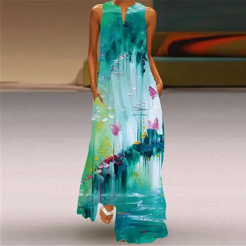 Sleeveless V-Neck Boho Maxi Dress – Vintage Print 2026
