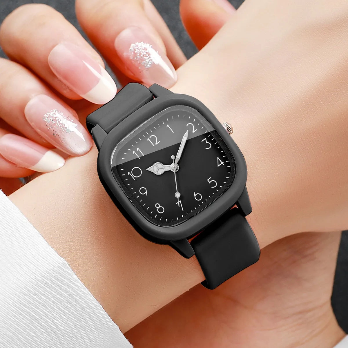 2PCS Fashion Square Arabic Dial Women Quartz Watch Set Silicone Strap Ladies Dress Wristwatches Relogio Feminino (Without Box)