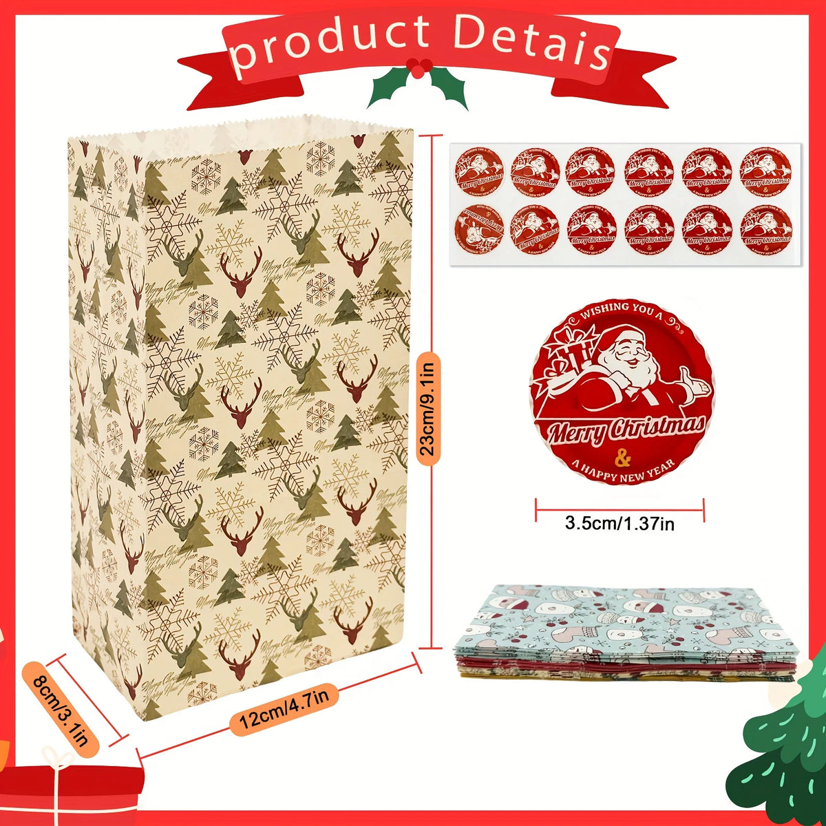 Christmas Gift Bags with Stickers, Xmas Holiday Goodie Treat Bags, Snowflake Reindeer Pattern Paper Gift Pouches for Christmas