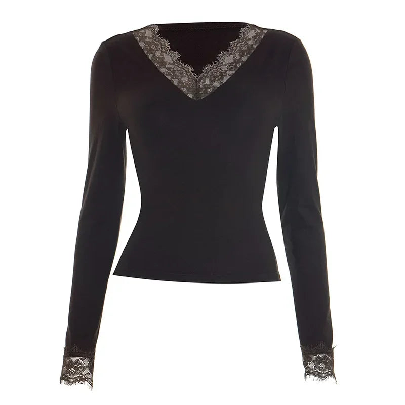 Women Lace Patchwork V Neck Long Sleeve T Shirt Ribbed Slim Fit Basic Undershirt Elegant Lace Trim Cuff Stretch Base Layer Tops