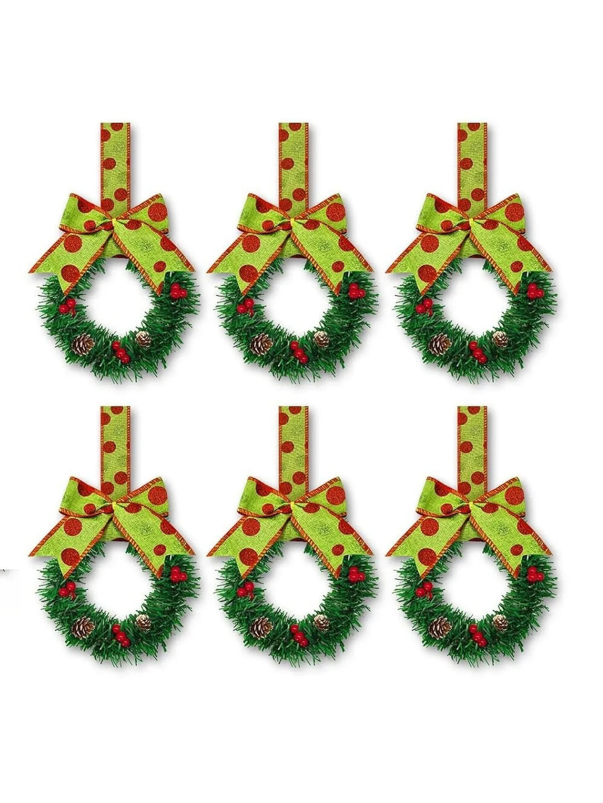6 Christmas Kitchen Cabinet Wreaths With Ribbons, Christmas Mini Cabinet Wreaths With Ribbon Bows, For Fireplaces,Stair Railings