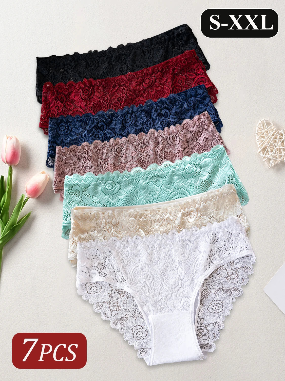 7PCS Elegant Lace Floral Underwear Solid Color Comfortable Cotton Panties Sexy Briefs Mature Female Lingerie Change Everyday