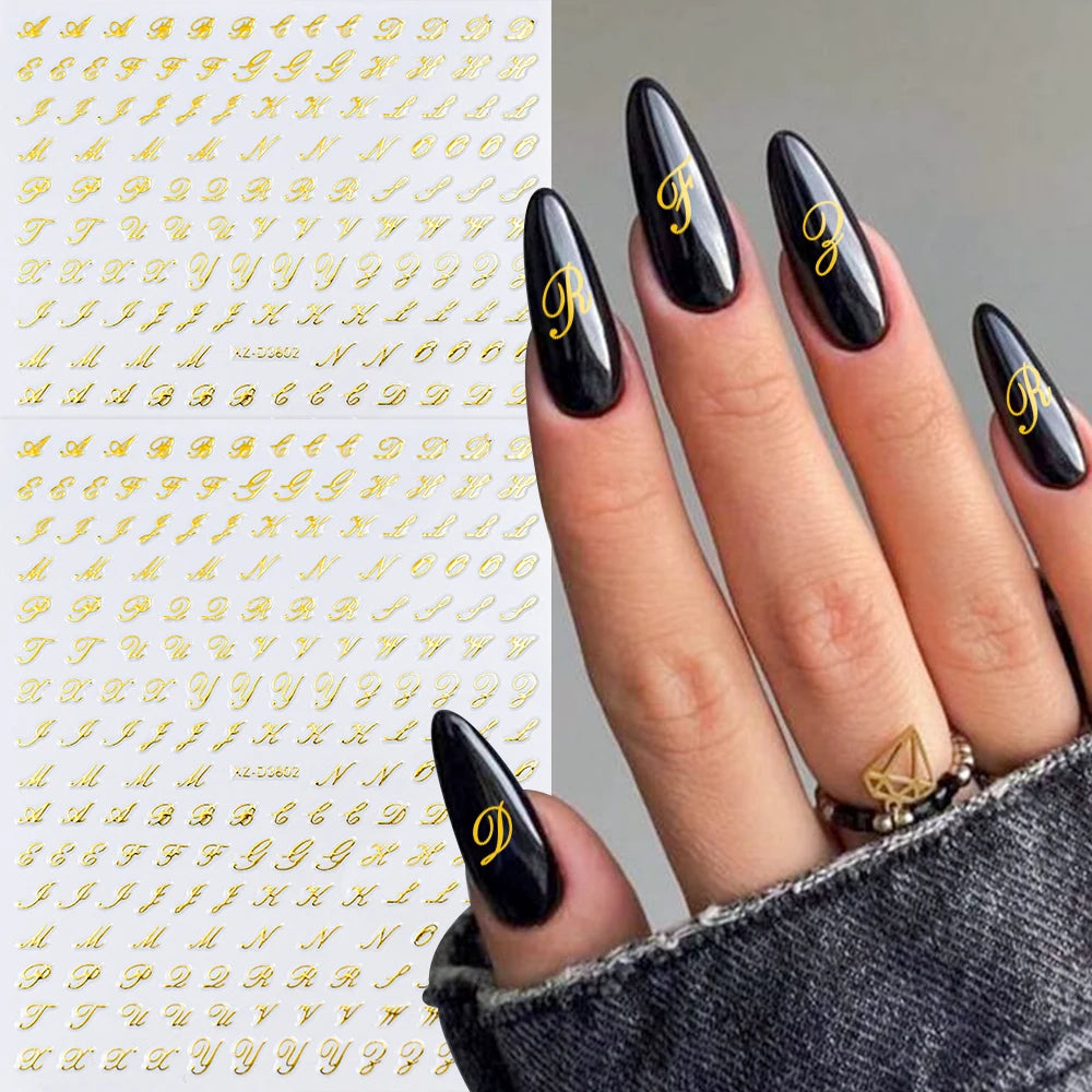 1pc Gold Silver English Letter Nail Sticker Black Laser 3D Alphabet Self Adhesive Decal English Words DIY Slider Manicure Decor
