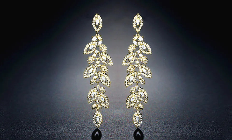 ZAKOL Luxury Shiny Zircon Polish Bridal Wedding Dange Earrings Elegant Marquise Leaf AAA CZ Long Drop Earring Party Jewelry