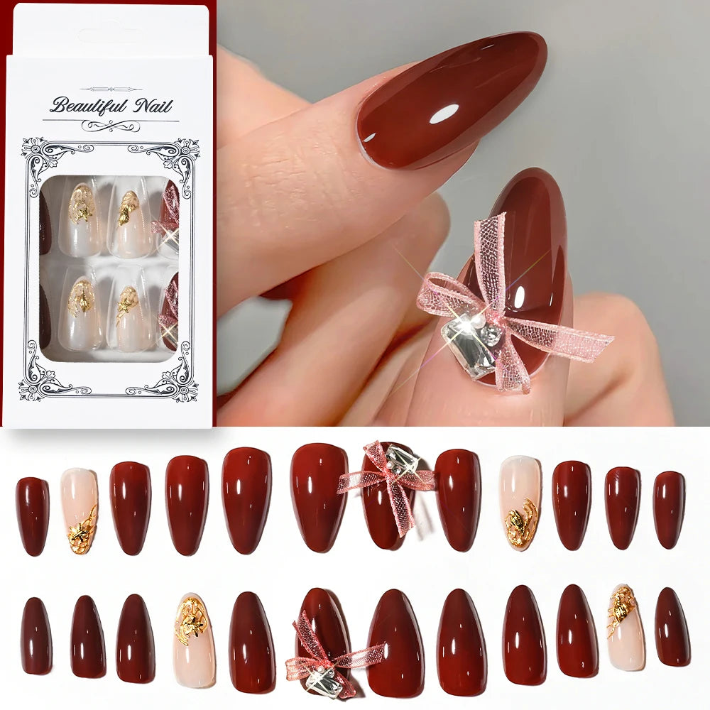24Pcs Lace Bow Wearable Press on Nails with Diamond Design Red Medium Almond False Nails for Women Full Cover Fake Nail Tips