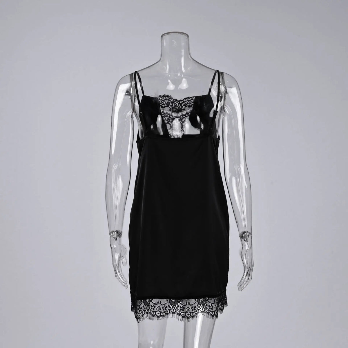 Women's Sexy Black Satin Slip Dress Patchwork Lace Hollow Out Sleeveless Dresses Party Club Ruffle Loose Backless Mini Dress