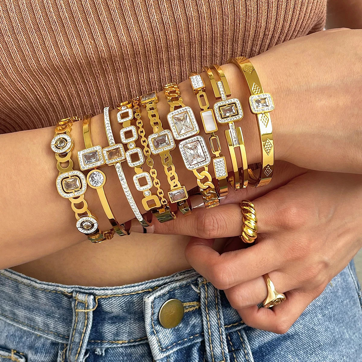 Flashbuy New Design Cubic Zircon Stainless Steel Bangles Bracelets for Women Geometric Gold Color Waterproof Fashion Jewelry
