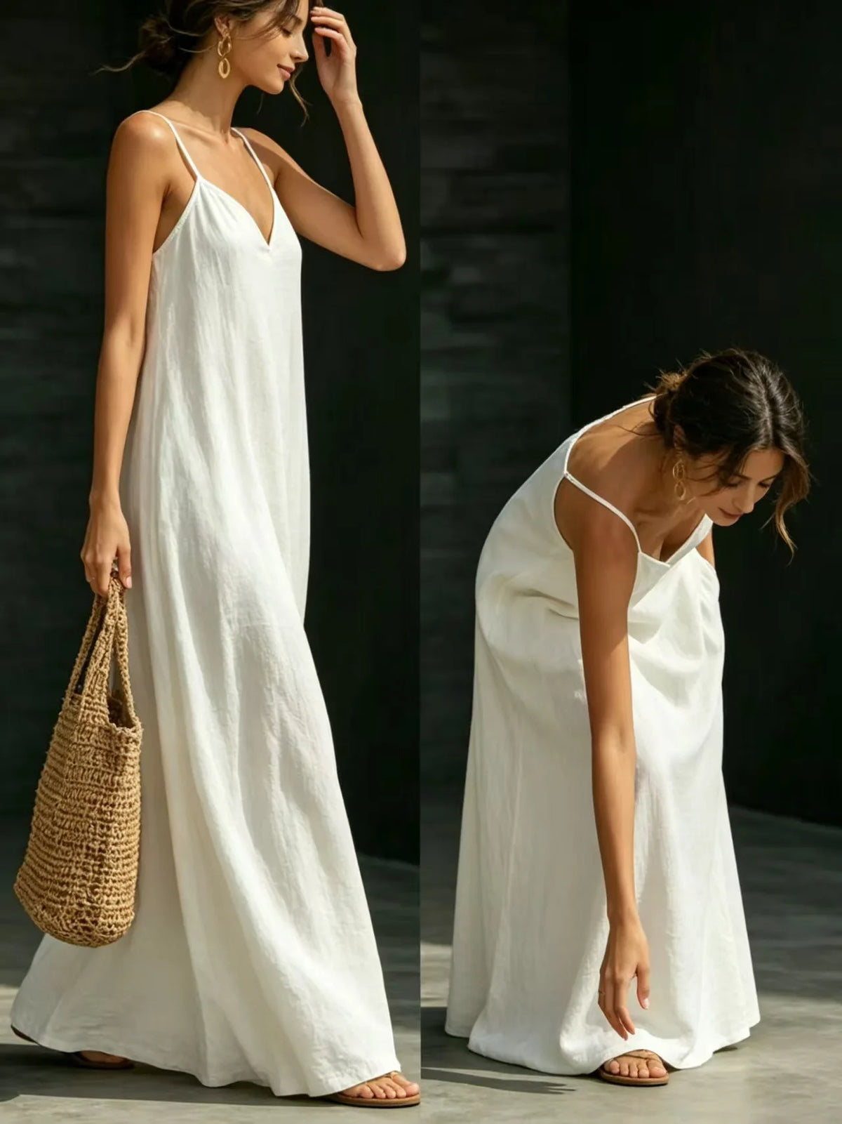 Women Linen Spaghetti Strap Maxi Dress V Neck Loose Swing Long Dress With Pockets Casual Summer Beach Vacation Sundress Ladies