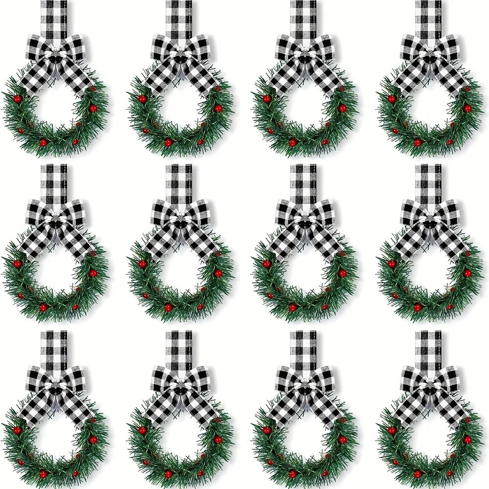 6pcs Christmas Kitchen Cabinet Wreaths with Ribbon, Mini Christmas Wreath Small Kitchen Xmas Decor for Window Door 