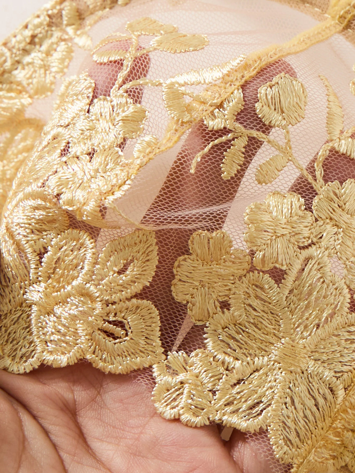 Women 2 Piece Lingerie Set Gold Floral Embroidery Sheer Mesh Balconette Bra and Panty Set Ribbon Tie Sides