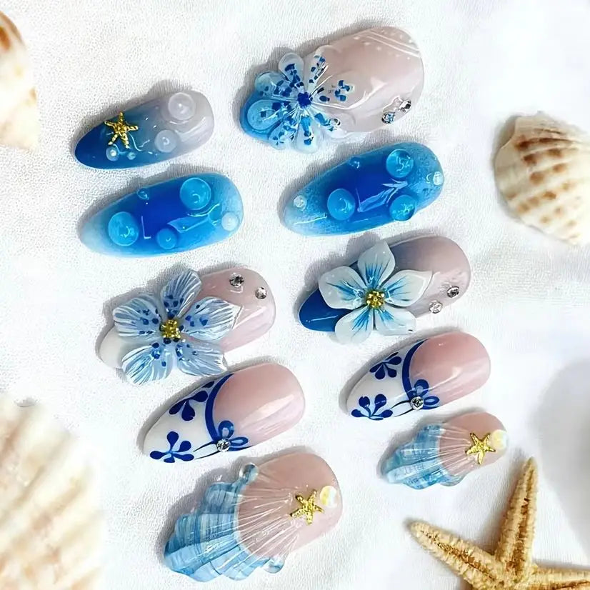 10Pcs Mid-length Almond Press on Nails 3D Leopard Print Gradient Blue Flower False Nails French Full Cover Fake Nails Tips