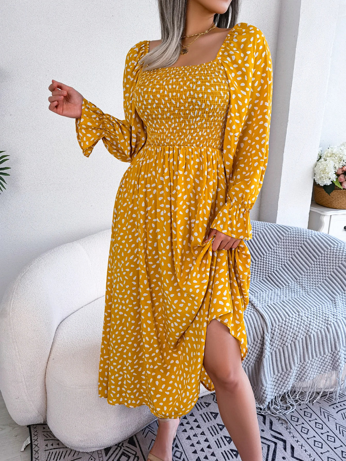 Spring Autumn Women's Elegant Polka Dot Square Neck Flare Long Sleeve Slim Waist Floral Dress Yellow Pink Red Woman Clothing