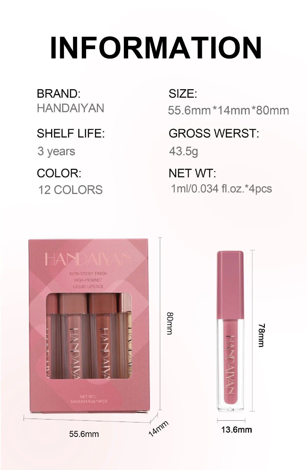 4Pcs Non-Stick Cup Matte Finish Liquid Lipstick Kit Long-Lasting Waterproof Highly Pigmented Clear Lip Gloss Set for Gift Beauty