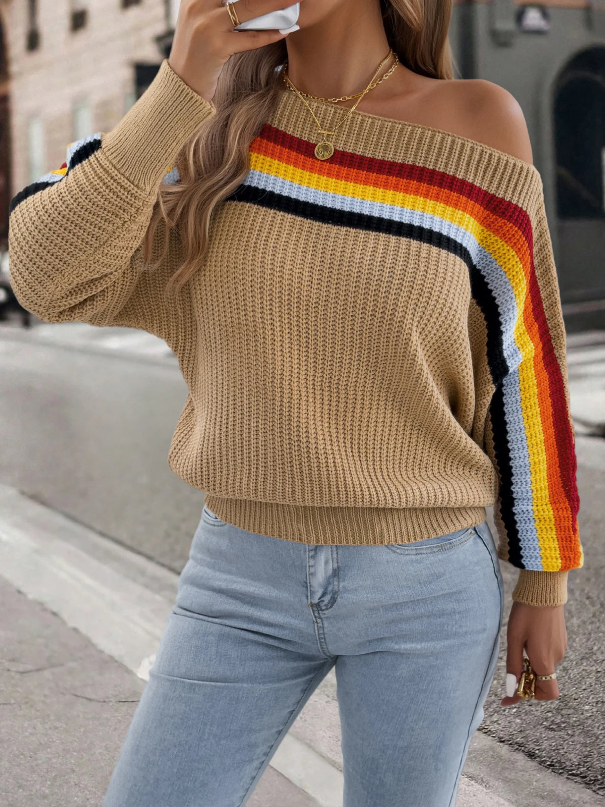 2026 Fashion Contrast Color Striped Sweaters for Women Autumn Winter Casual Round Neck Lantern Long Sleeve Knitted Pullover Tops