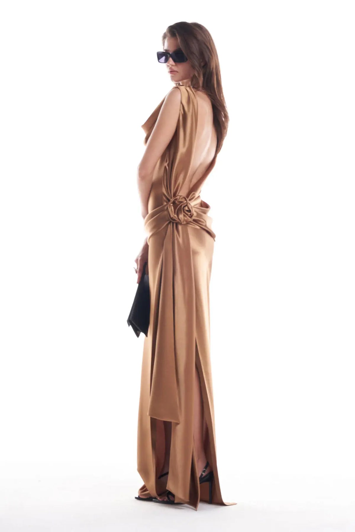 Elegant Satin Backless Spliced Floral Evening Gowns For Women Chic Sleeveless High Slit Slim Dresses Summer Holiday Party Dress
