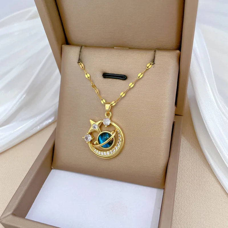 Light Luxury Titanium Steel Star Series Necklace for Women Gold Color Planet Moon Astronaut Pendant Necklaces Jewelry Gifts