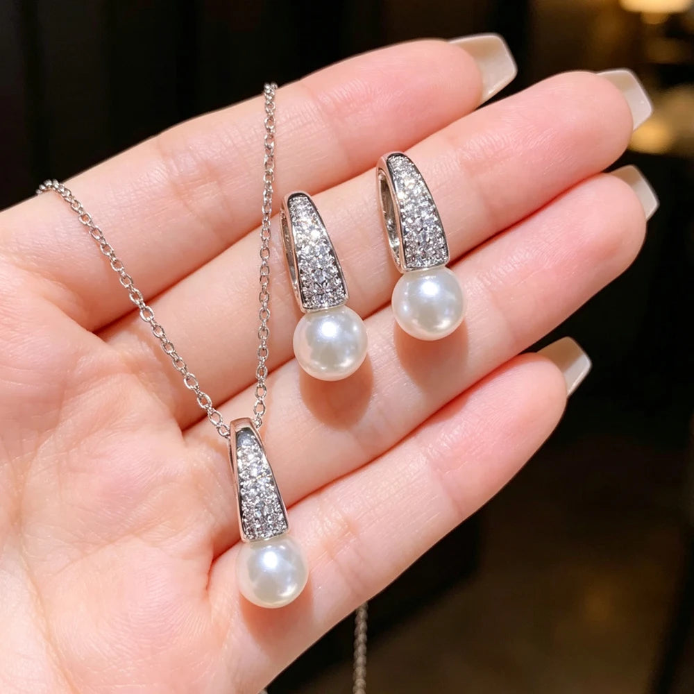 ZAKOL Sliver Color Simple Shiny Zirconia Round Imitation Pearl Earrings and Necklace Set for Women Exquisite Jewelry Gift