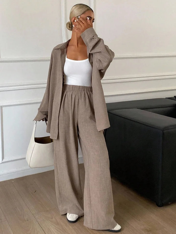 2026 New Women Linen Two Piece Outfit Set Lapel Long Sleeve Button Shirts Elastic Waist Wide Leg Pants Casual Loose Home Suit