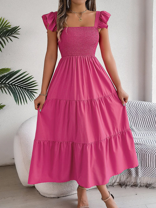 Spring Summer Solid Color Edible Tree Fungus Edge Square Neck Sleeveless Holiday Dress Elegant Long Dresses for Women Rose Blue