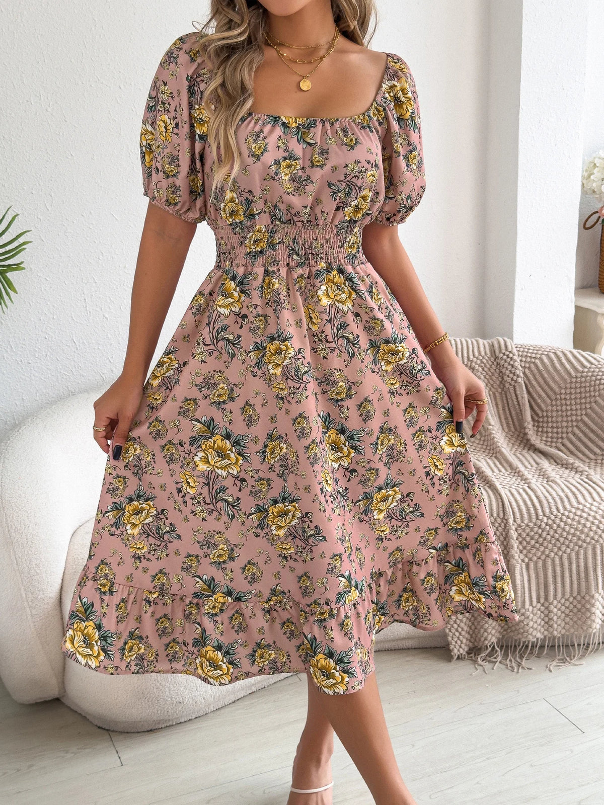 2026 Fashion Floral Print Dress for Women Spring Summer Casual Square Neck Short Sleeve Ruffled Long Dresses Woman Clothing