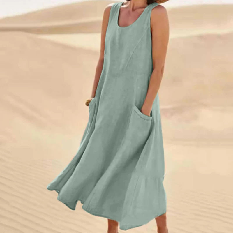 Women Casual Sleeveless A Line Dress with Pockets Vintage Hrajuku Loose Midi Length Maxi Dress Summer O Neck Cotton Linen Dress