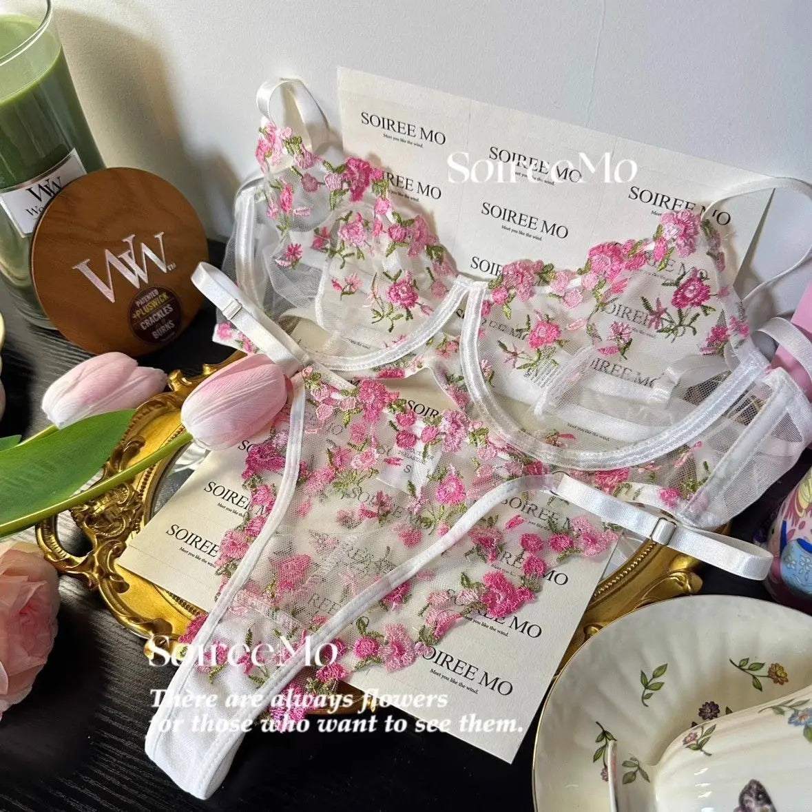 French Sheer Floral Sensual Lingerie Set Ultra Thin See Through Bralette with Soft Or Women Large Bust Support S-XL 32-38 MOYISU