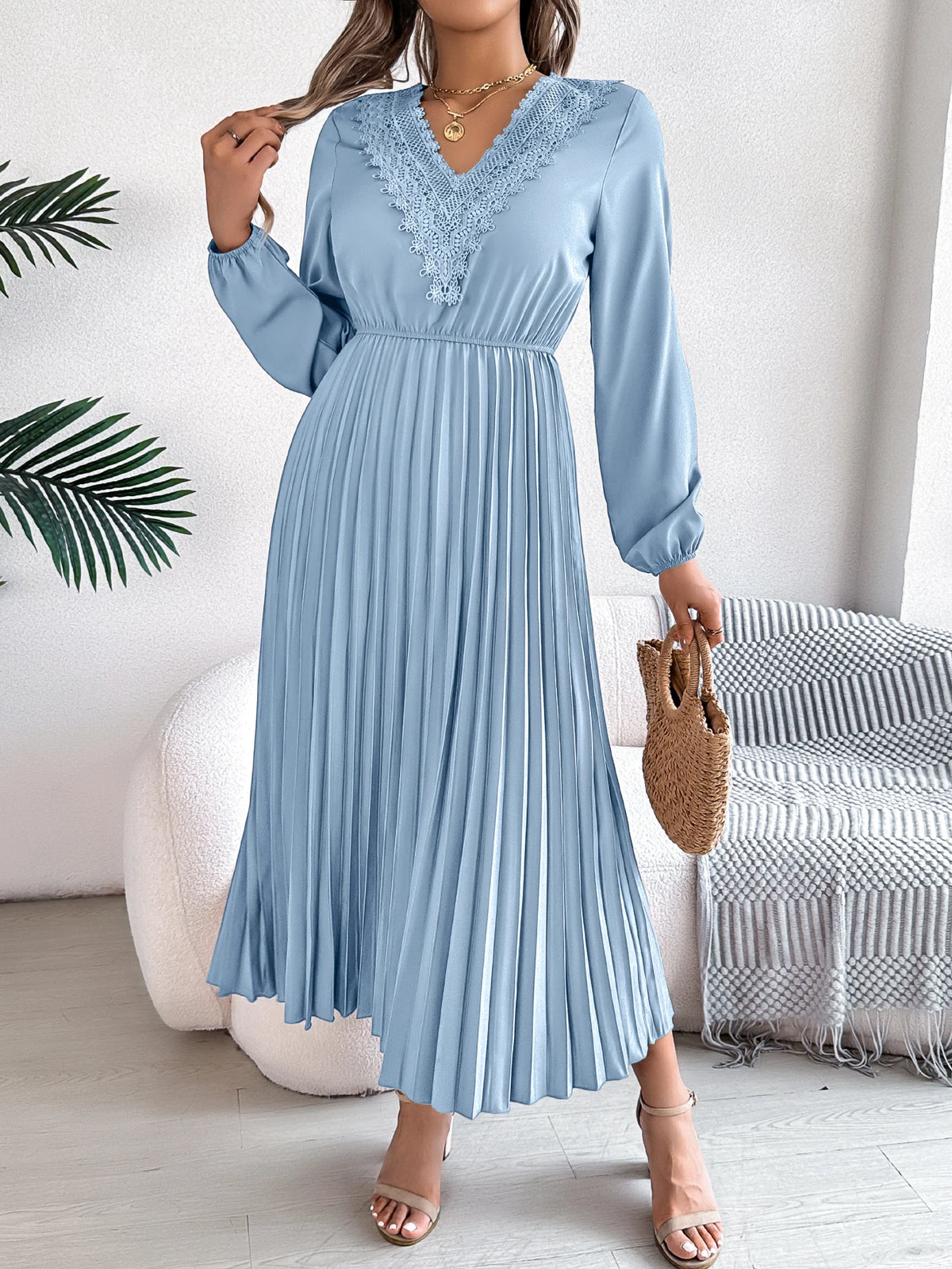2026 Fashion Lace V Neck Lantern Long Sleeve Maxi Dress for Women Autumn Winter Casual Solid Color Pleated Dresses Khaki Red