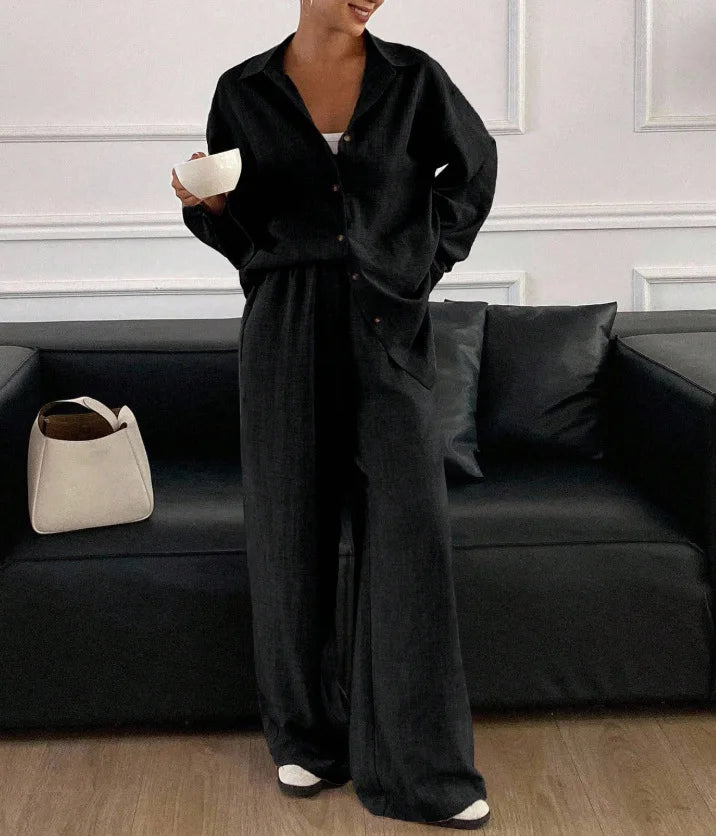 2026 New Women Linen Two Piece Outfit Set Lapel Long Sleeve Button Shirts Elastic Waist Wide Leg Pants Casual Loose Home Suit