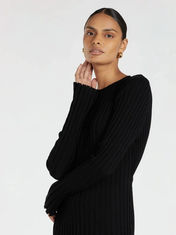 Vintage Lace-Up Female Knit Maxi Dress Elegant High Waist Patchwork Long Sleeve Loose Solid Dress Bodycon Knitwear Basic Dresses
