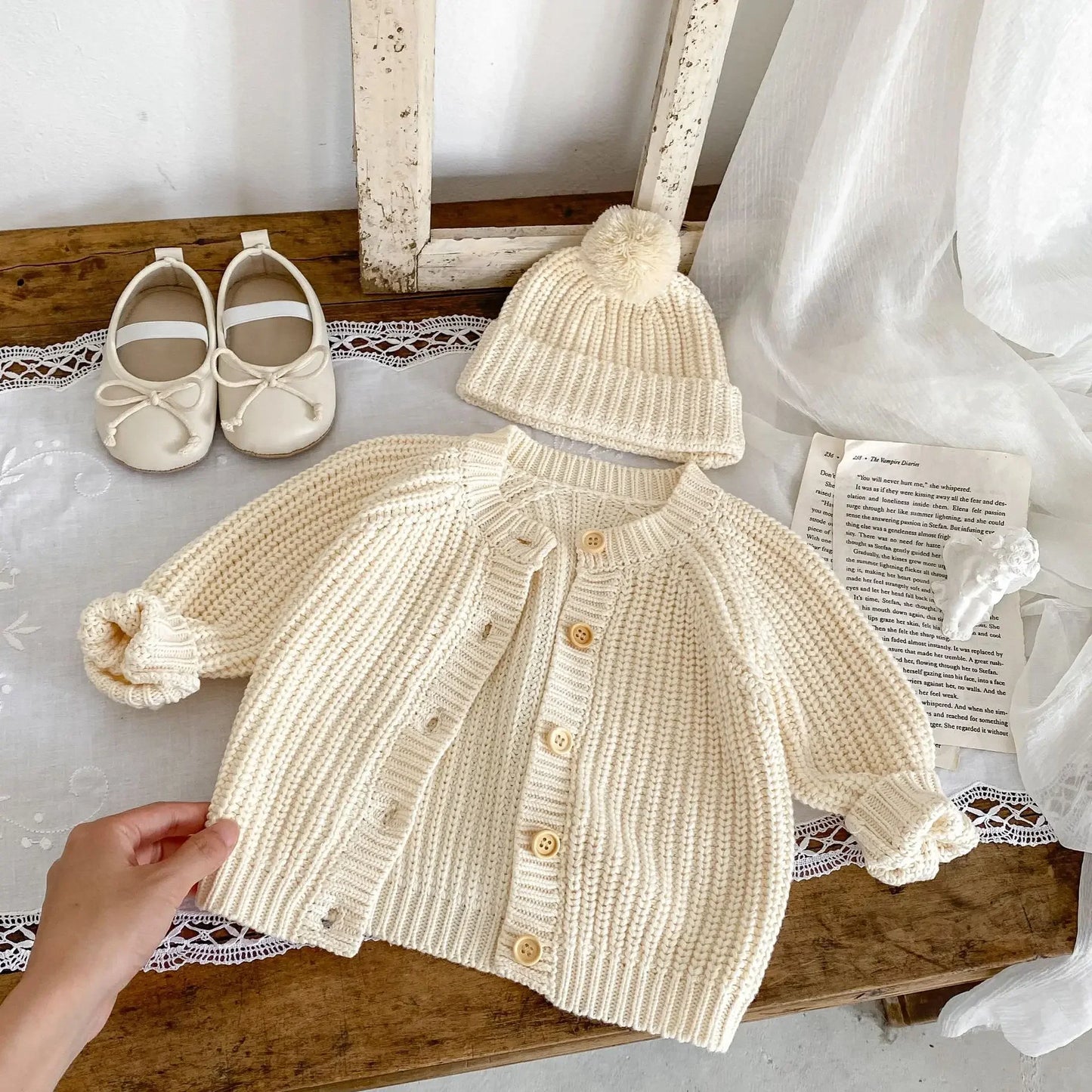 6963 Baby Sweater Coat Spring Autumn Solid Color Beige Knitted Girl's Sweater Long-sleeved Coat 0-3Year Kid's Cardigan Sweater