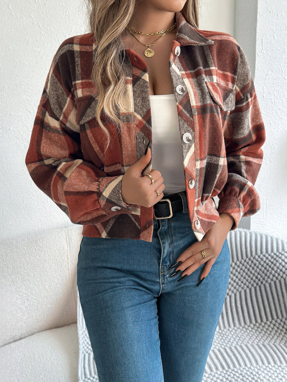 Autumn Winter Casual Plaid Cropped Jacket Lapel Lantern Long Sleeve Single Breasted Woolen Jacket 2026 Fashion Women Clothes
