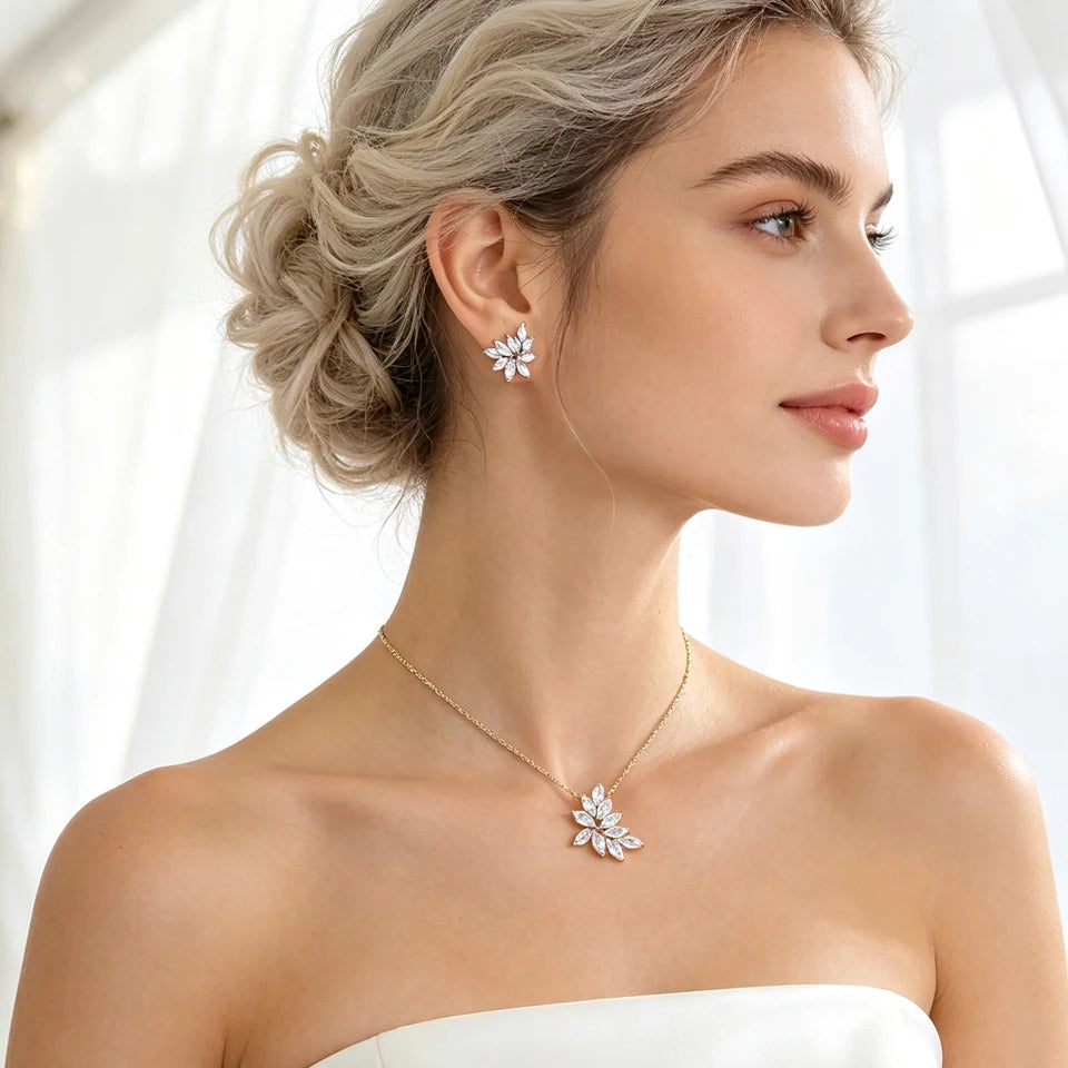 ZAKOL Sliver Color Shining Cubic Zirconia Leaf CZ Pendant Necklace Earrings Set for Women Exquisite Luxury Jewelry Set Gift