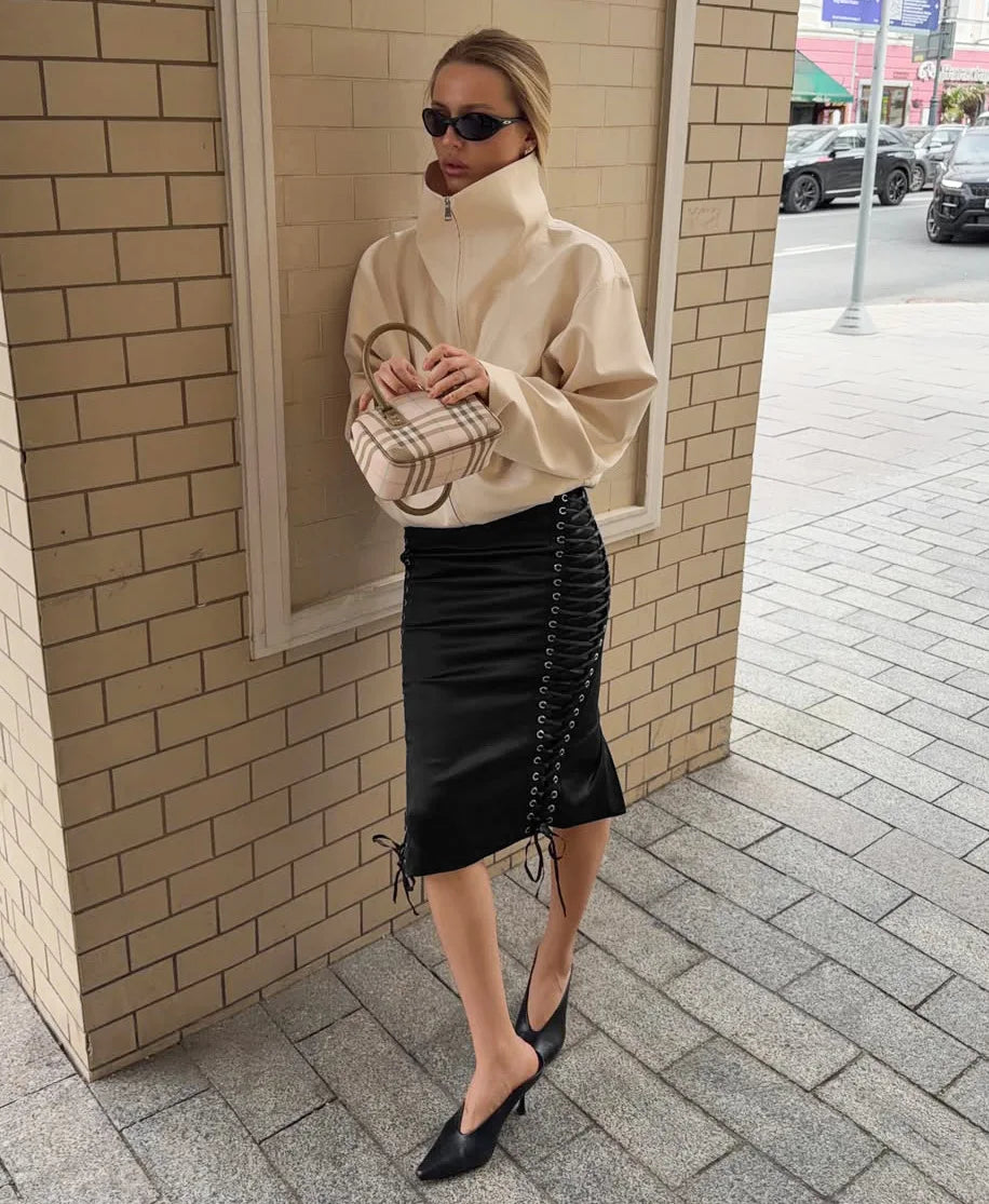 Autumn Vintage Solid Satin Midi Skirts Sexy Lace Up French Black Slim Fit Split Skirts Casual High Waist Female Streetwear