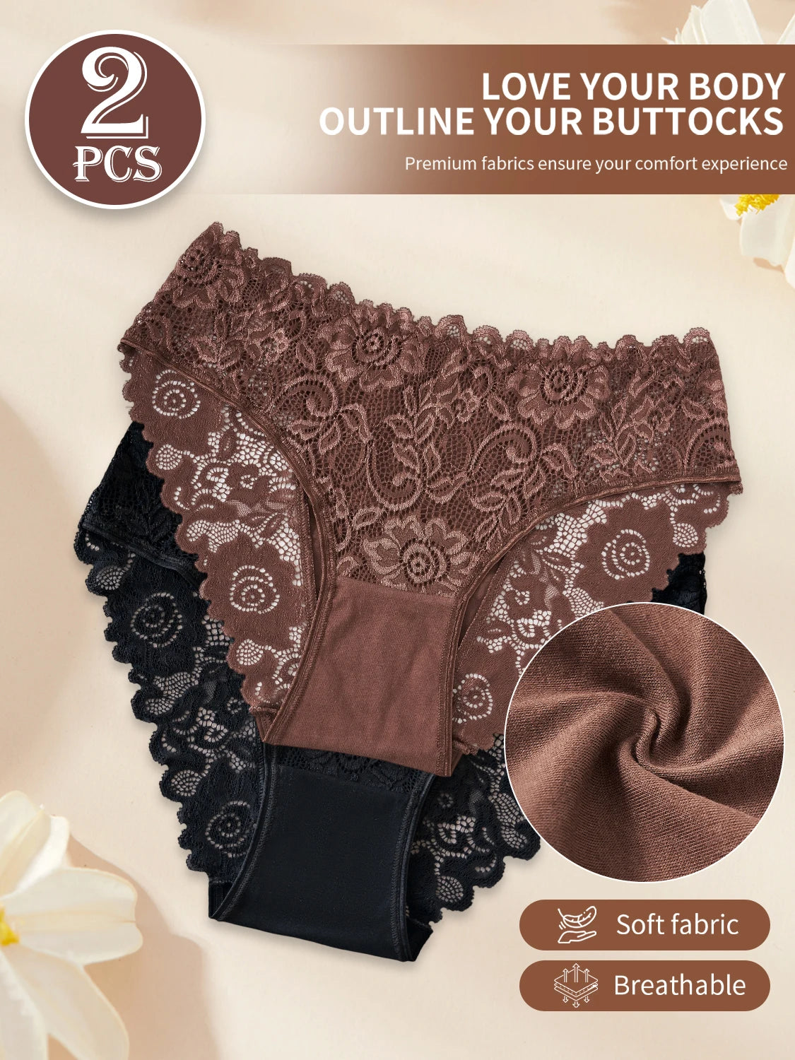 2PCS Hollow Lace Flower Design Sexy Briefs Elegant Women's Underwear Comfortable Breathable Cotton Panties Mid-Rise Lingerie