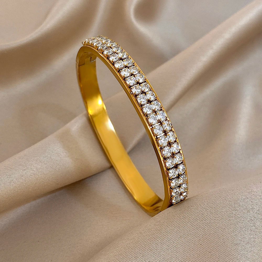 FLASHBUY Trendy Chic Gold Color Simple 316L Stainless Steel Bangles Bracelets for Women Charm Zircon Waterproof Jewelry Gift