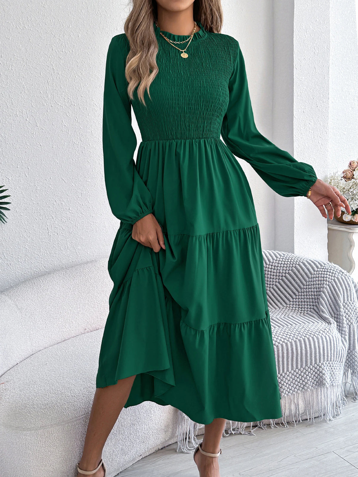 Autumn Winter Elegant Dress for Women Solid Color Round Neck Lantern Long Sleeve Ruffled Dresses Khaki Green Red Woman Clothing