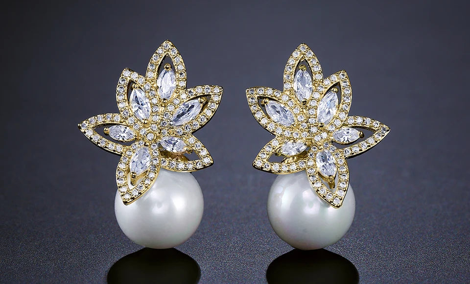 ZAKOL Temperament Imitation Pearl Flower Stud Earrings Elegant Leaf Marquise Zirconia Wedding Party Jewelry for Women