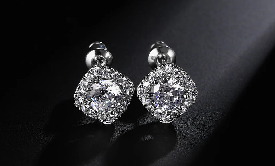 ZAKOL Classic White Square CZ Stud Earrings For Women Exquisite Round Cubic Zirconia Crystal Ear Jewelry Gift