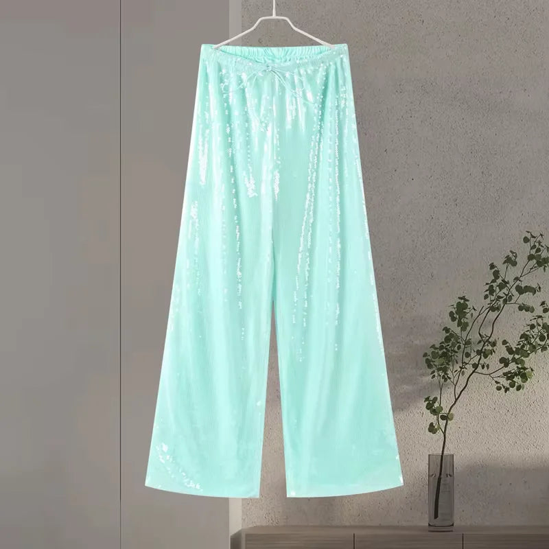 Summer Vacation Y2k Women's Sequined Pants Lady Chic High-Waist Lace Up Loose Fit Straight Mop Trouser Female Casual Streetwear