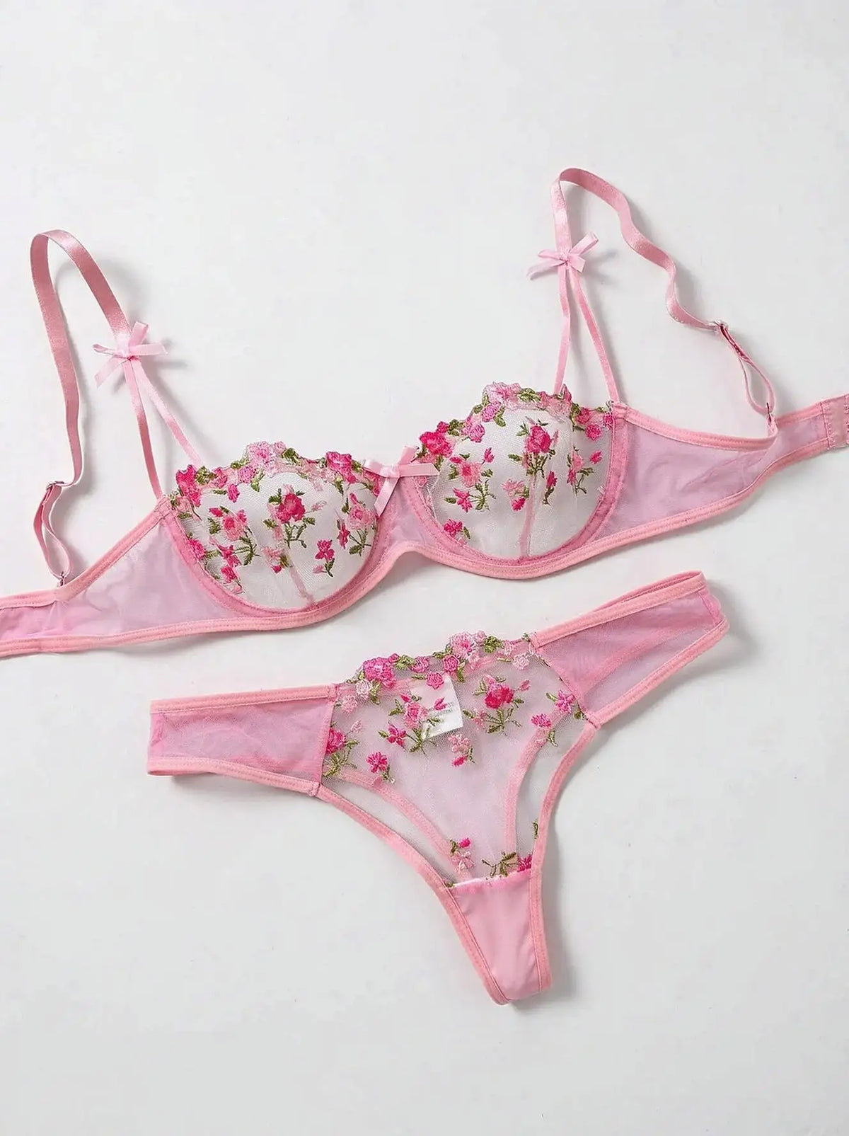 Ladies Pink Embroidered Floral Print Underwear Set Feminine Elegant Small Motif Lace Detail Comfortable Women's Nightgown