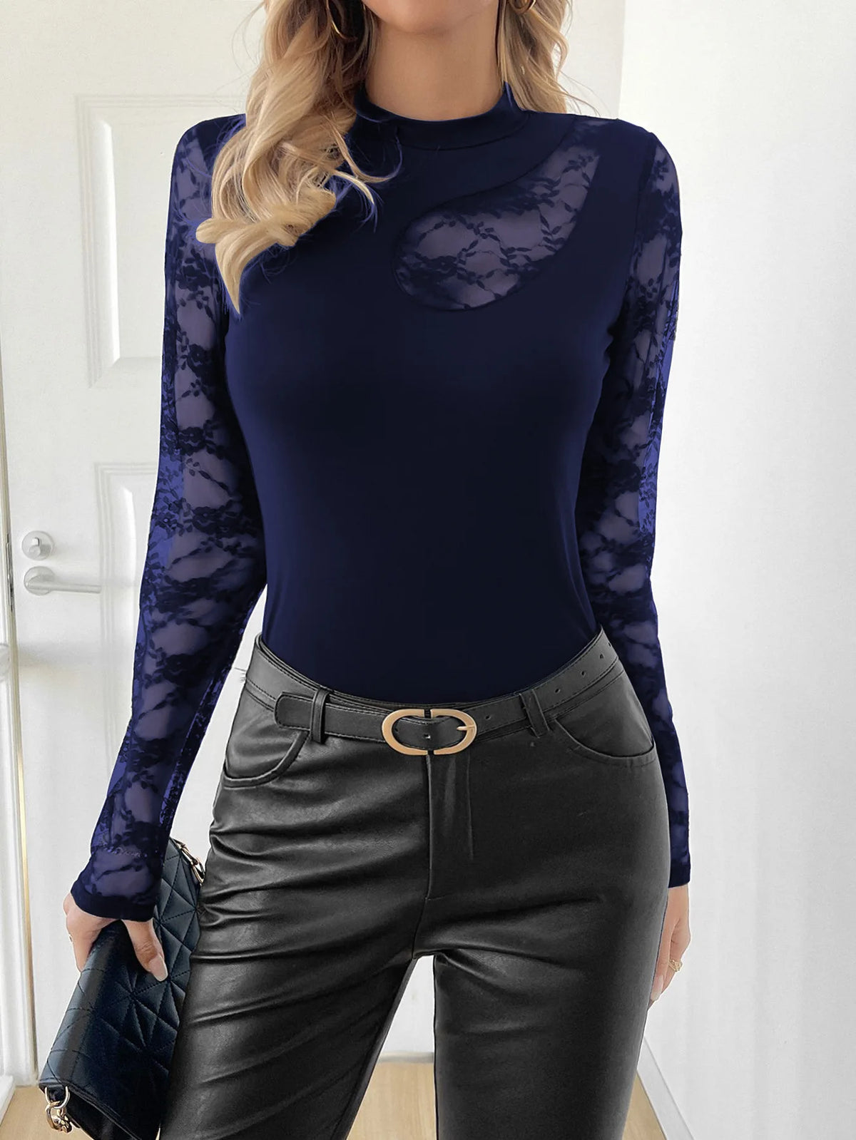BKLD 2026 New Women Clothing Sexy Tops Fashion Black Lace Patchwork Irregular Collar T-Shirt Long Sleeve Tops Party Clubwear